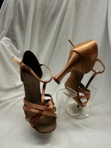 3" Carmen -- Flare Heel Latin Sandal -- Tan Satin