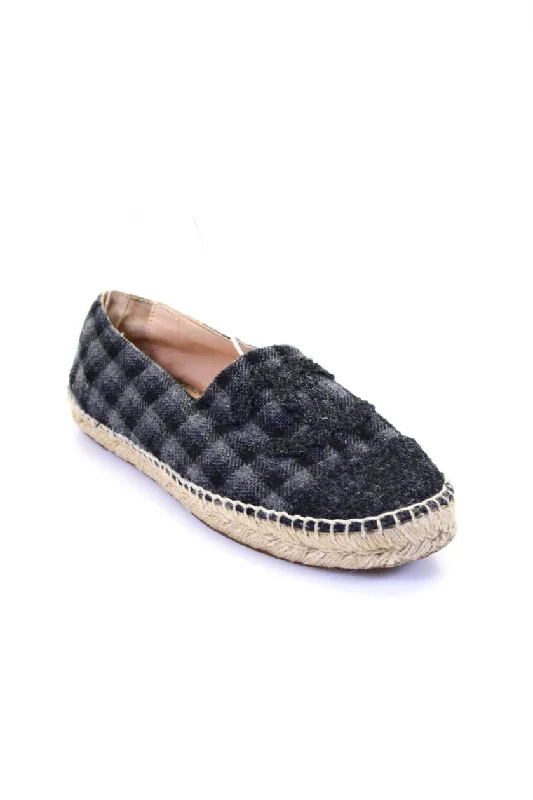 Chanel Womens Cap Toe Check Wool Fleece Slip On Espadrilles Gray