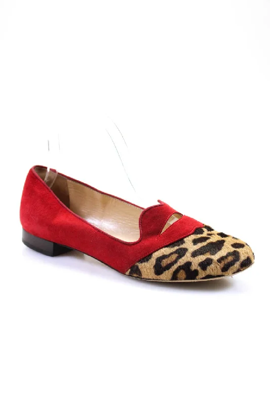 Charlotte Olympia Womens Suede Leopard Print Ponyhair Cutout Flats Red