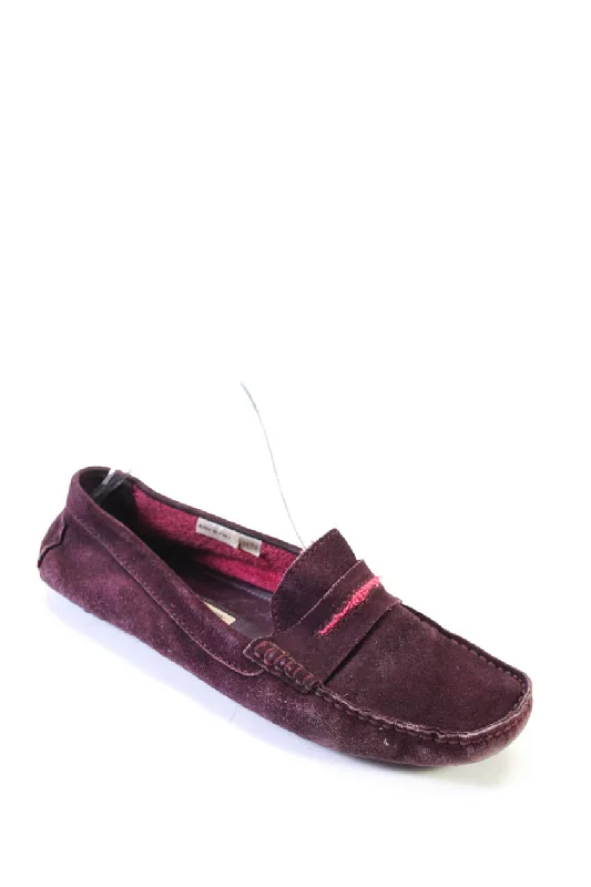 Manolo Blahnik Womens Suede Terry Lined Slip On Penny Loafers Burgundy