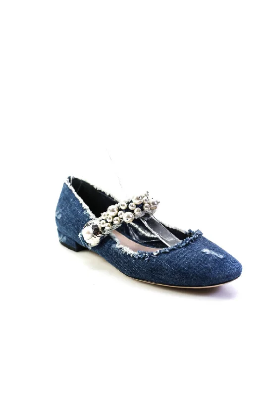 Miu Miu Womens Faux Pearl Denim Fringe Mary Jane Ballet Flats Blue