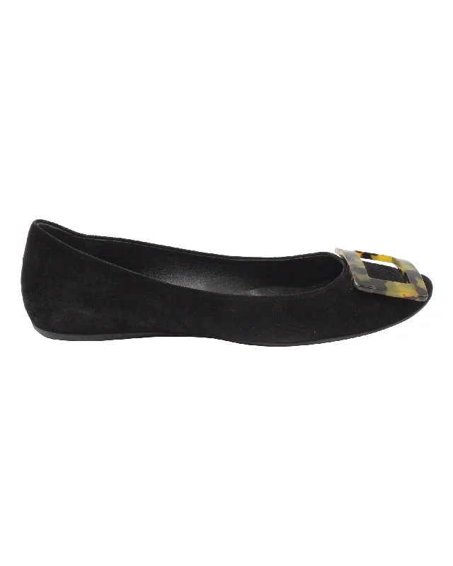 Roger Vivier Gommette Tortoise Buckle Ballet Flats in Black Suede