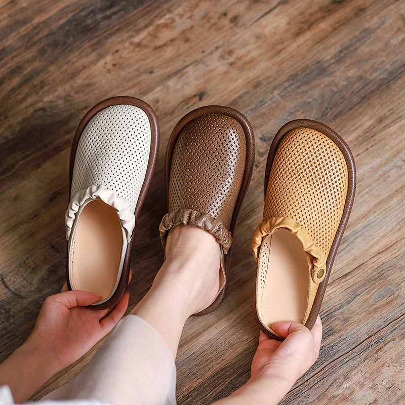 Comfy Leather Mary Jane Sandals Cut Out Flats Off white/Brown/Coffee