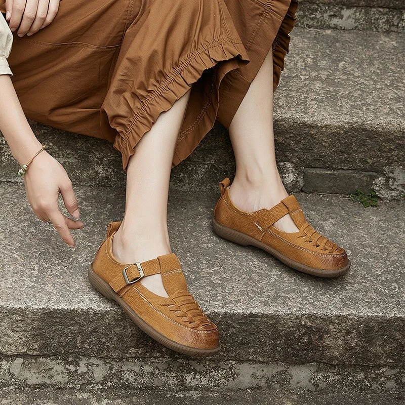 Handmade Leather T-strap Mary Jane Shoes For Womens Round Toe in Khaki/Brown