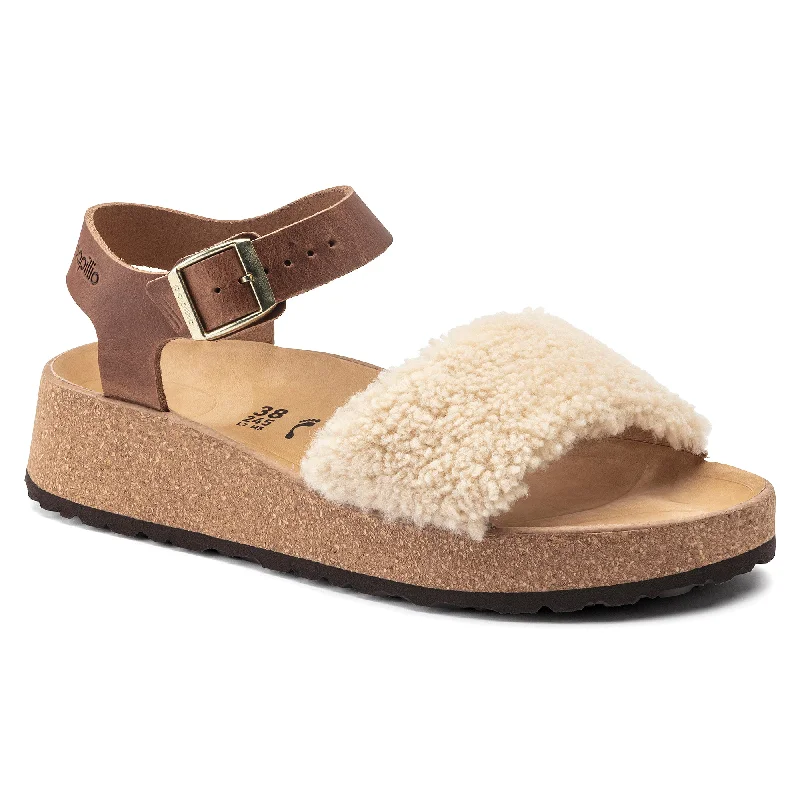 Papillio Glenda Teddy cognac leather/eggshell shearling by Birkenstock