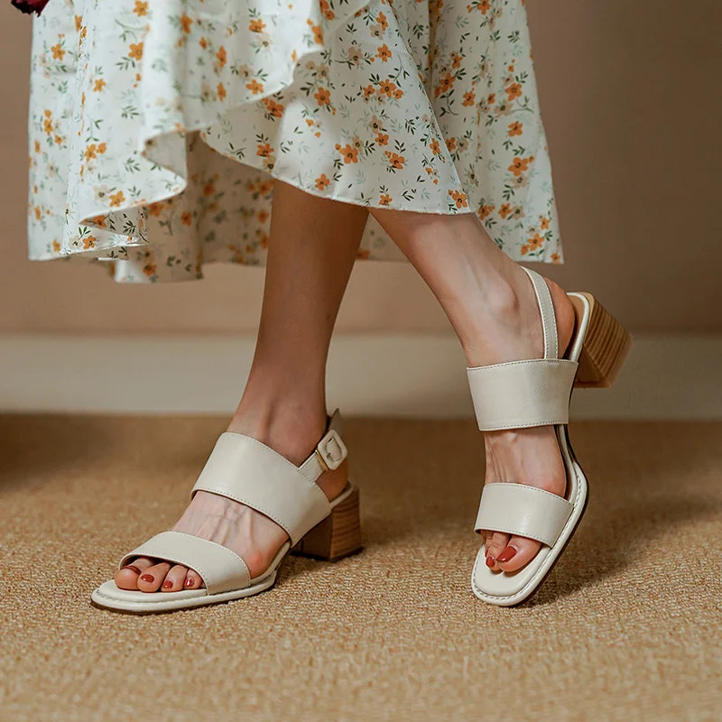 Retro Sheepskin Block Heel Sandals in Beige/Brown