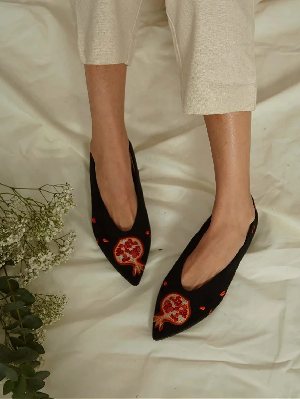 Pomegranate Vegan Eco Suede Embroidered Ballerinas | Black & Orange