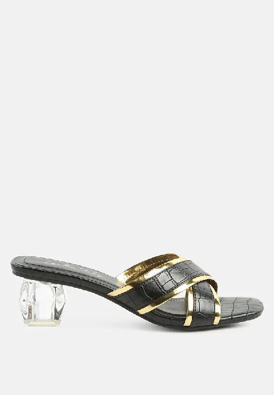 stellar gold line croc textured low heel sandals